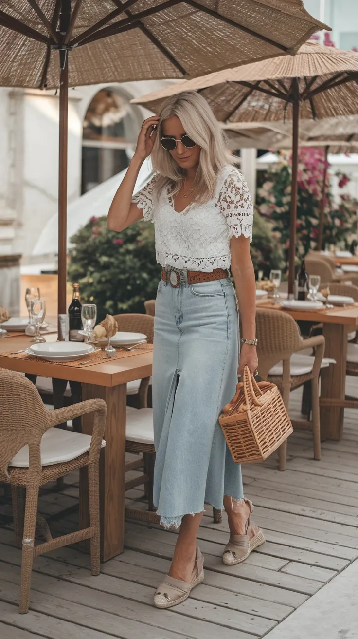 Lace top with denim culottes