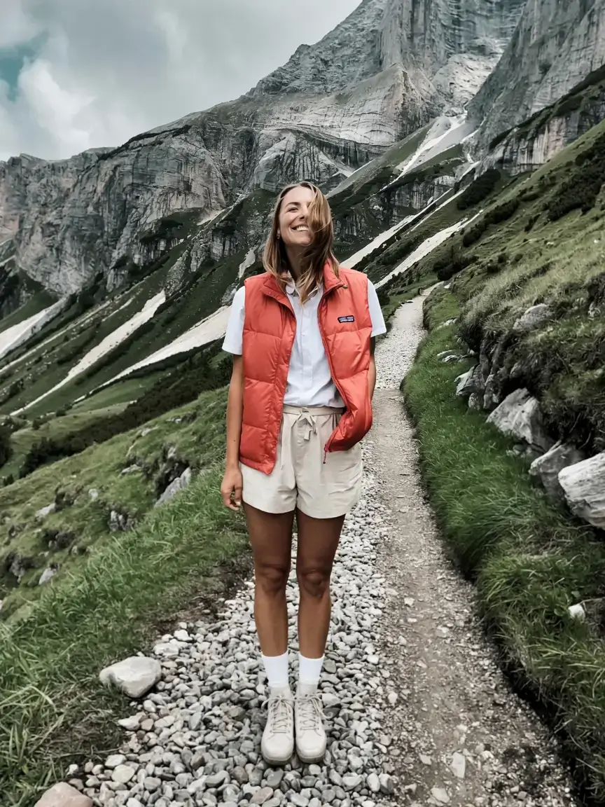 Orange vest with shorts and sneakers