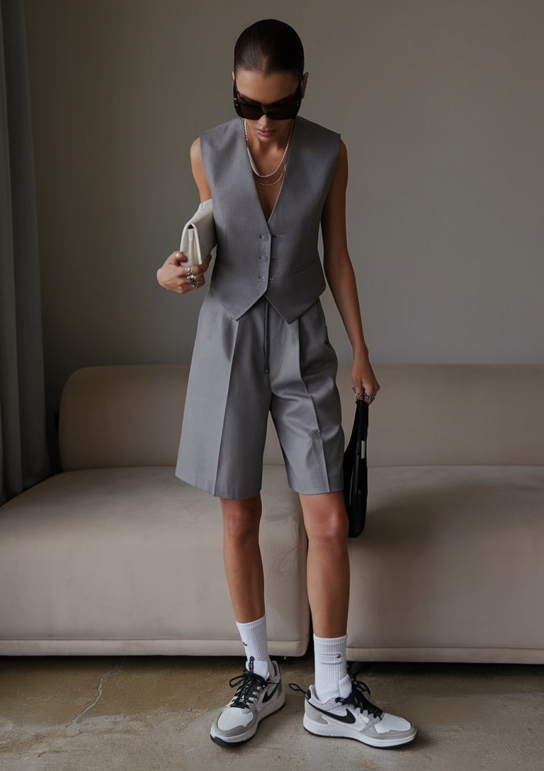 Grey vest with shorts and sneakers