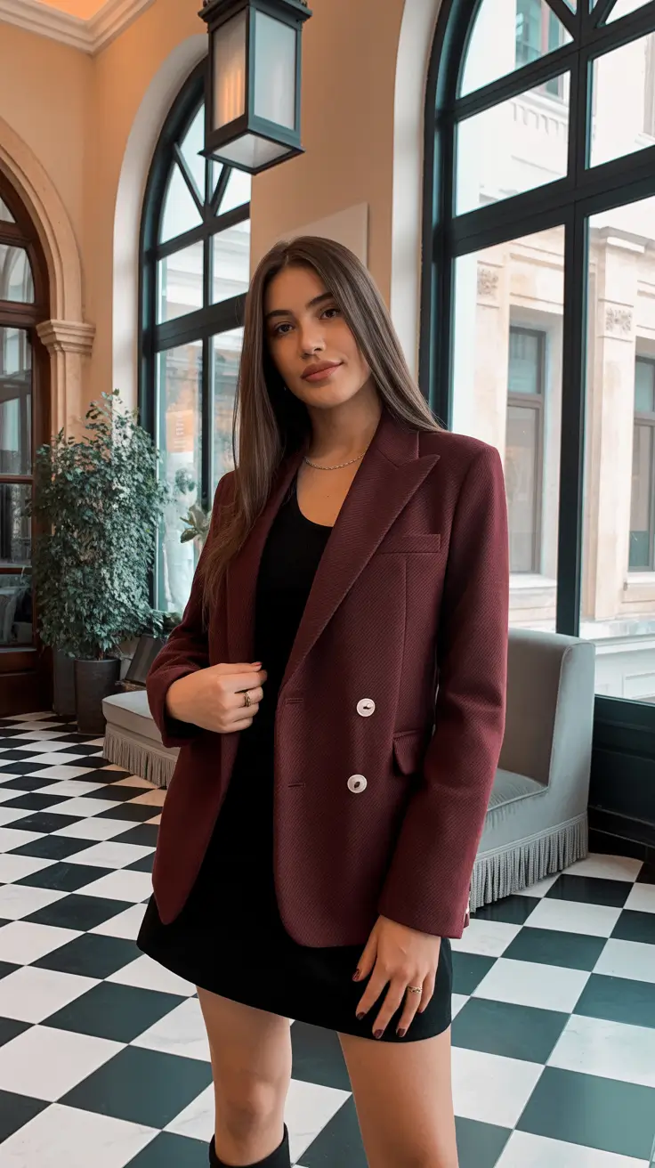 Burgundy blazer over black dress