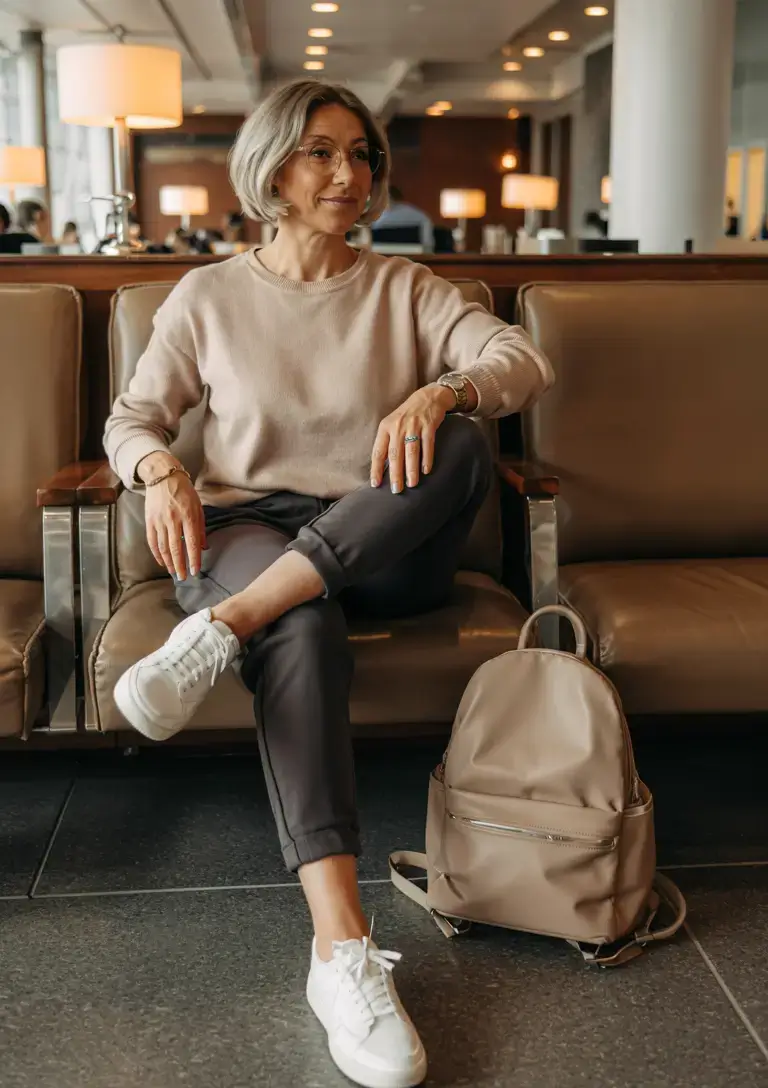 Neutral sweater with joggers and sneakers