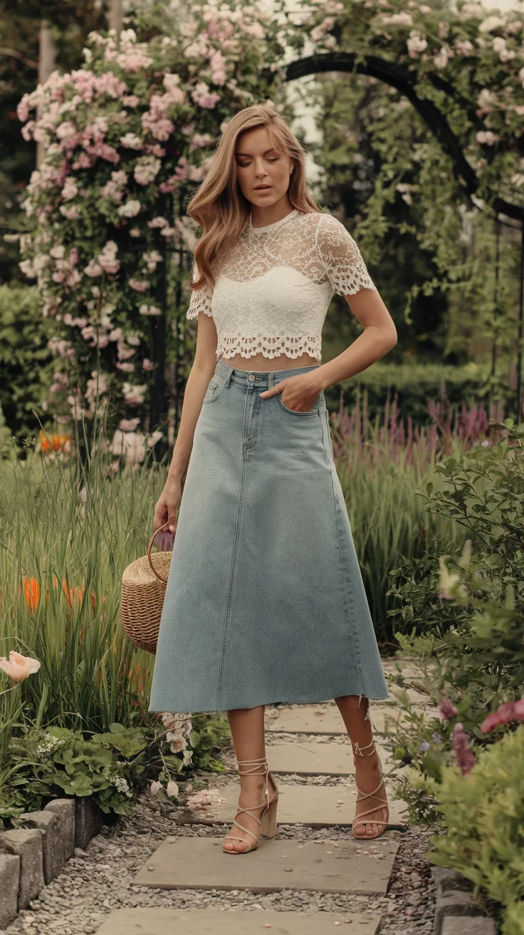 Lace crop top with denim maxi skirt