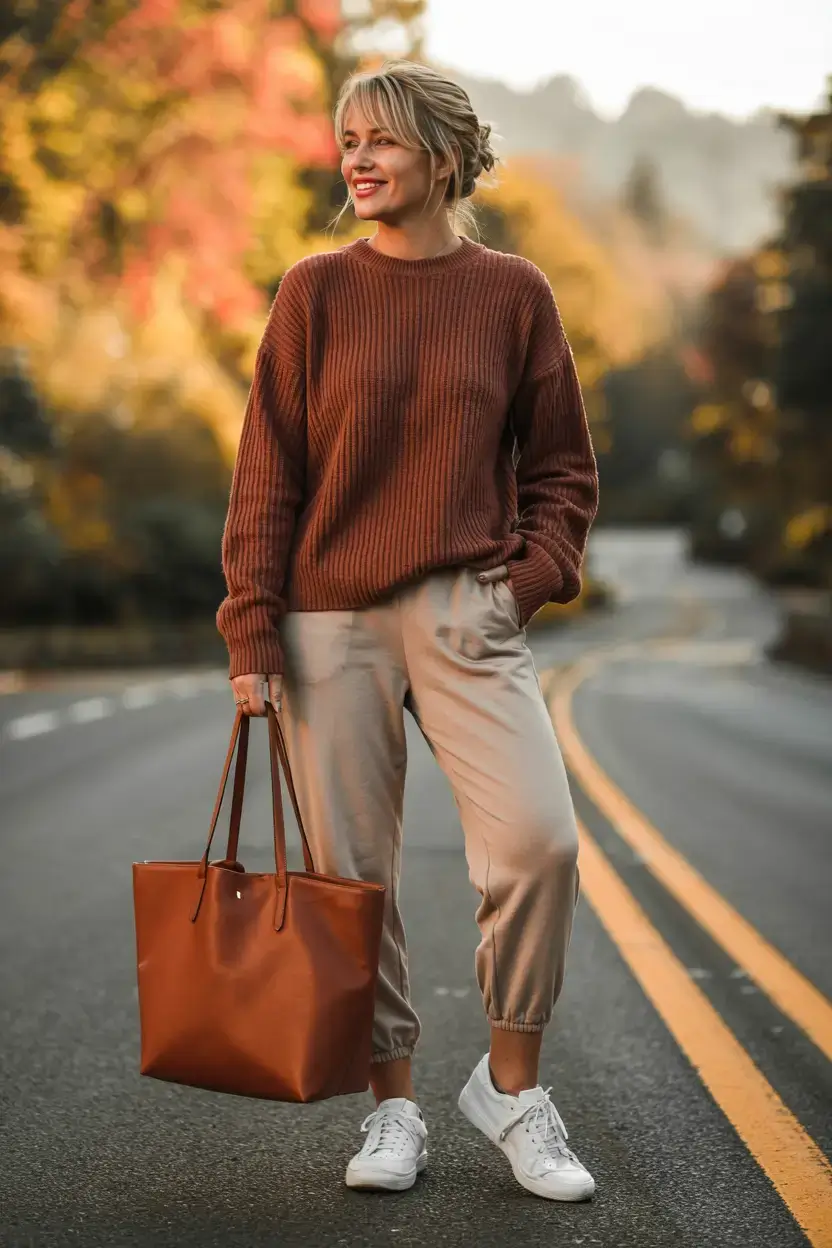 Brown sweater with beige joggers