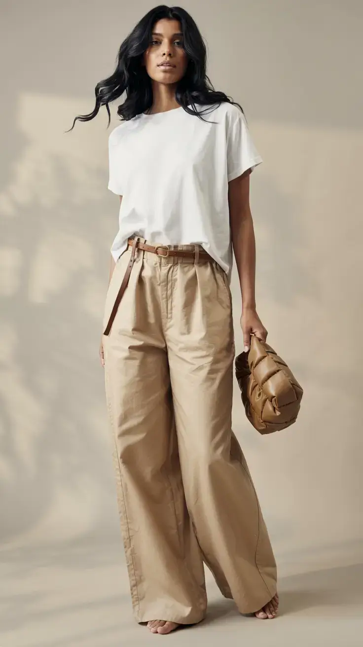 White tee with wide beige pants
