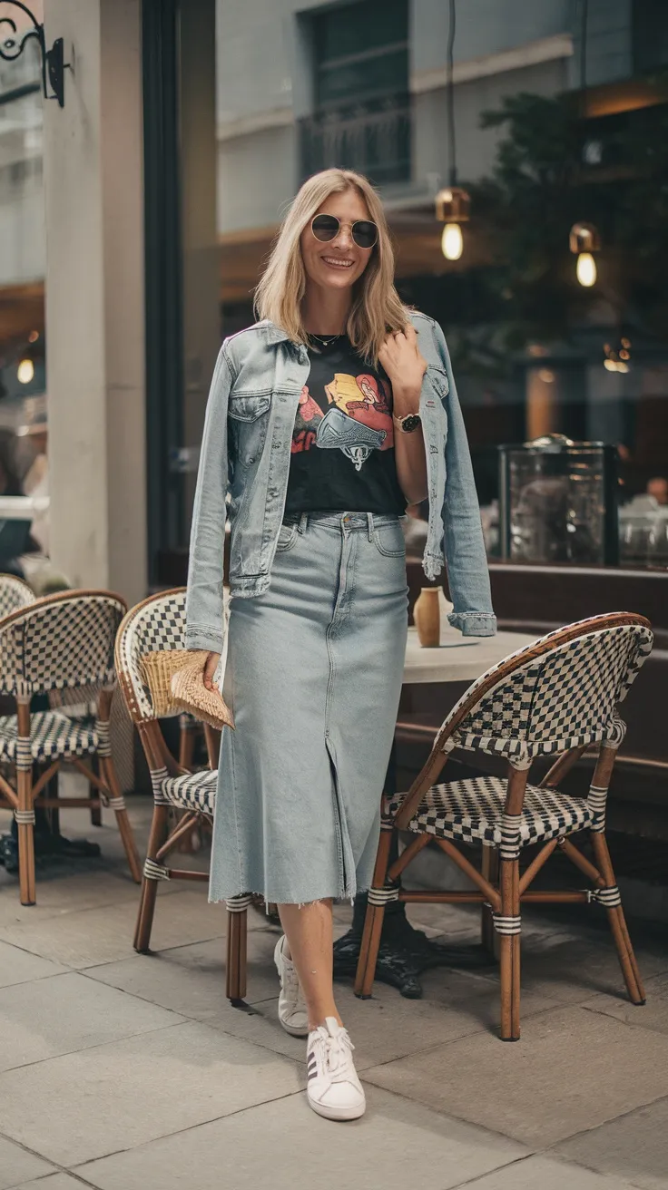 Denim jacket with graphic tee and skirt