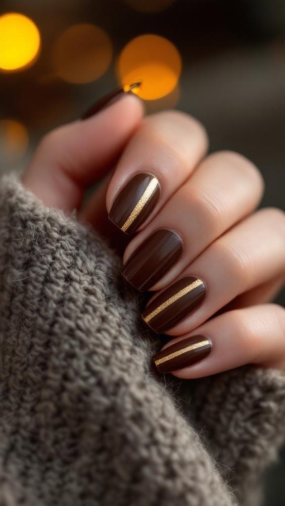 Chocolate nails with gold stripe accents, ideal for autumn sophistication.