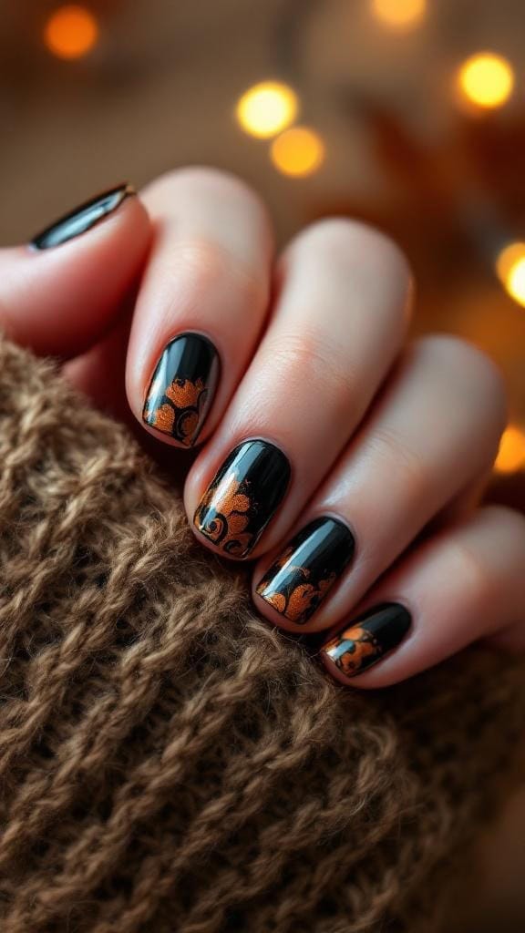Black nails with orange baroque patterns, autumn flair.