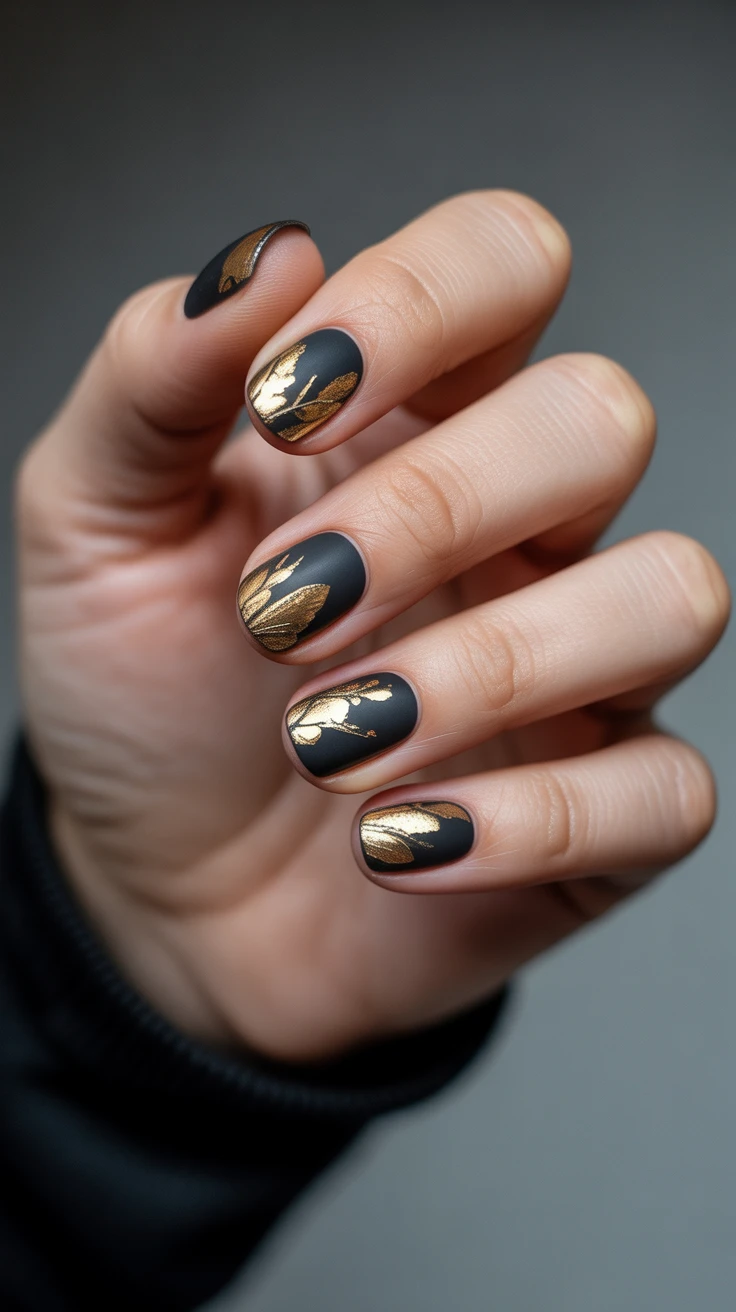 Matte black nails with gold leaf, modern elegance.