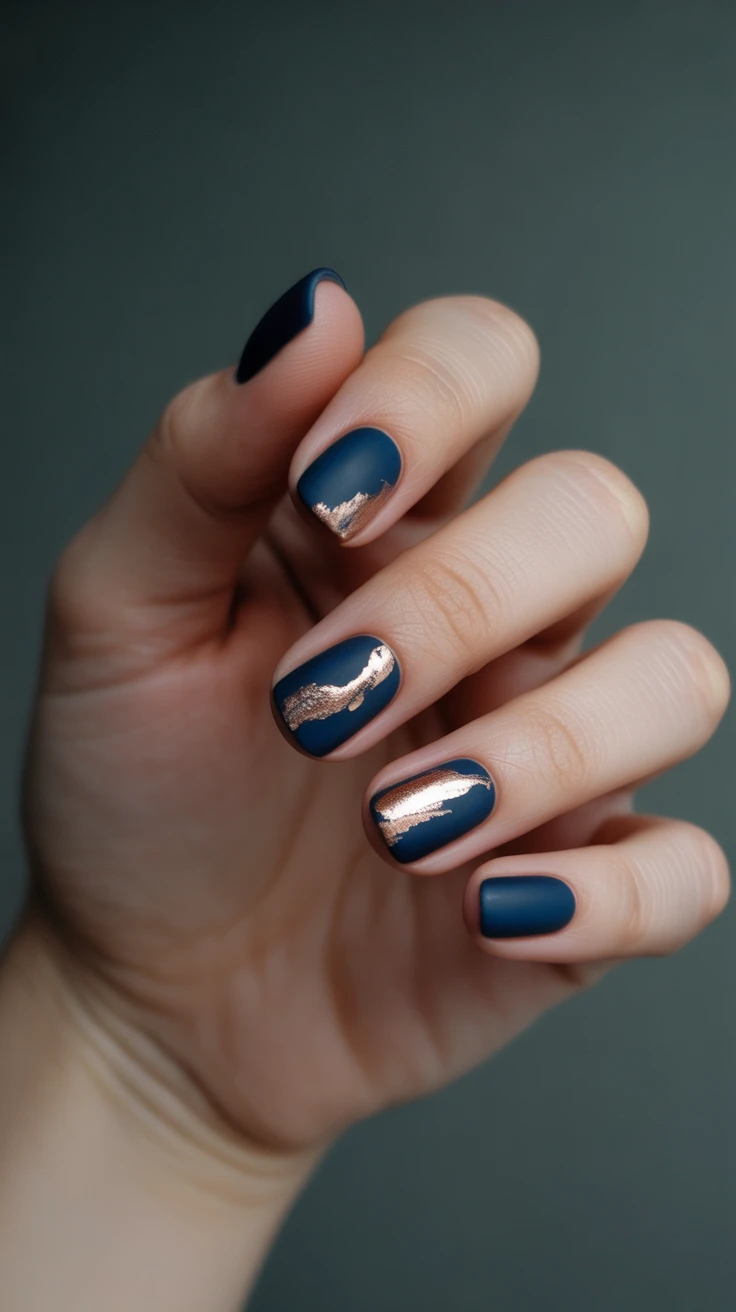 Midnight blue nails with rose gold accents, elegant fall choice.