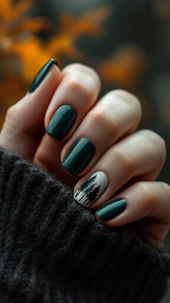 Forest green nails with tree accent, fall nature theme.