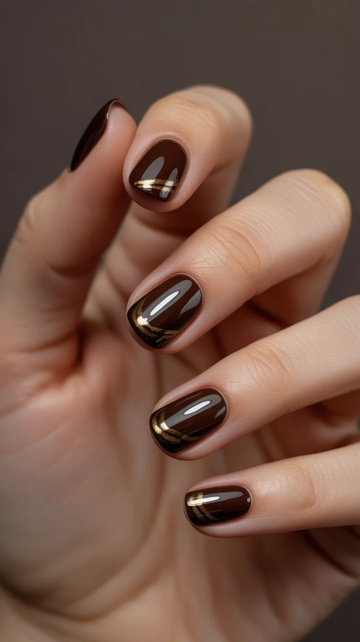 Chocolate nails with gold detail, sophisticated fall choice.