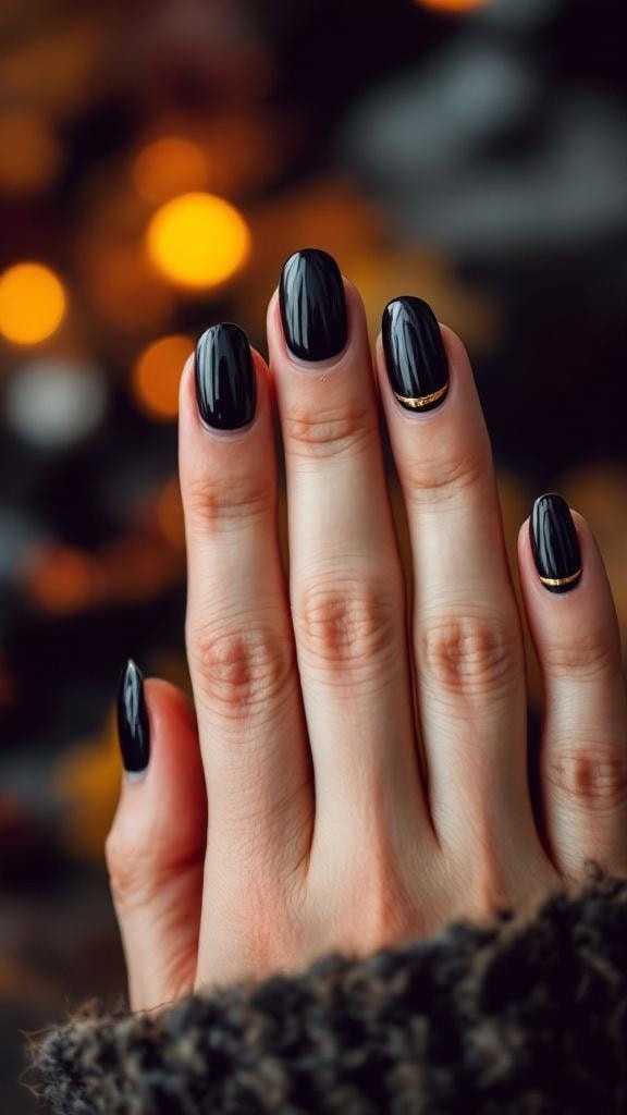 Glossy black nails with gold line accent, chic and minimal.