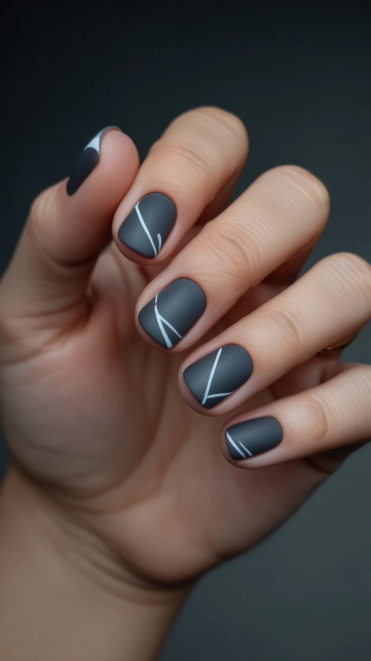 Matte gray nails with white lines, minimal chic.