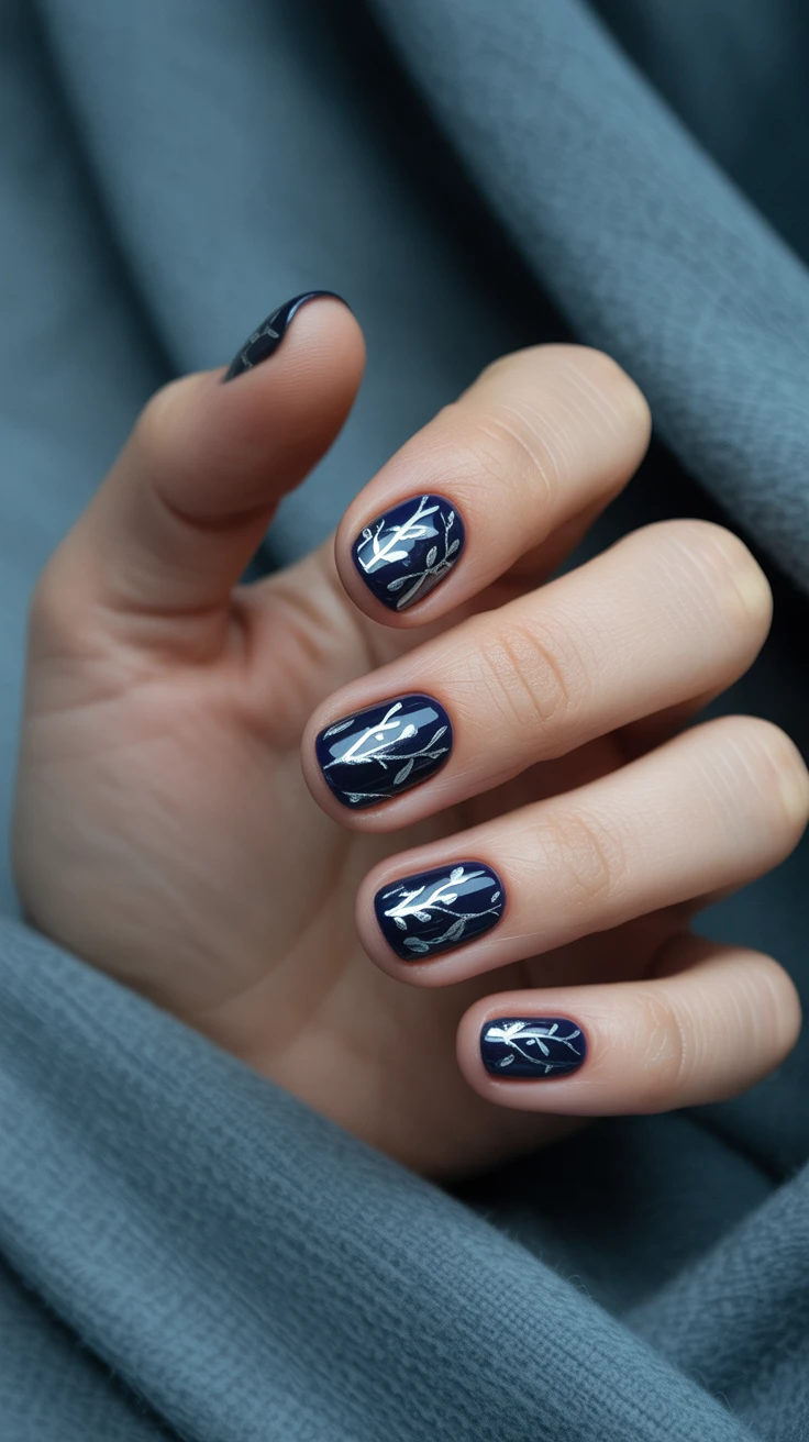 Navy nails with silver branch accents, elegant fall design.