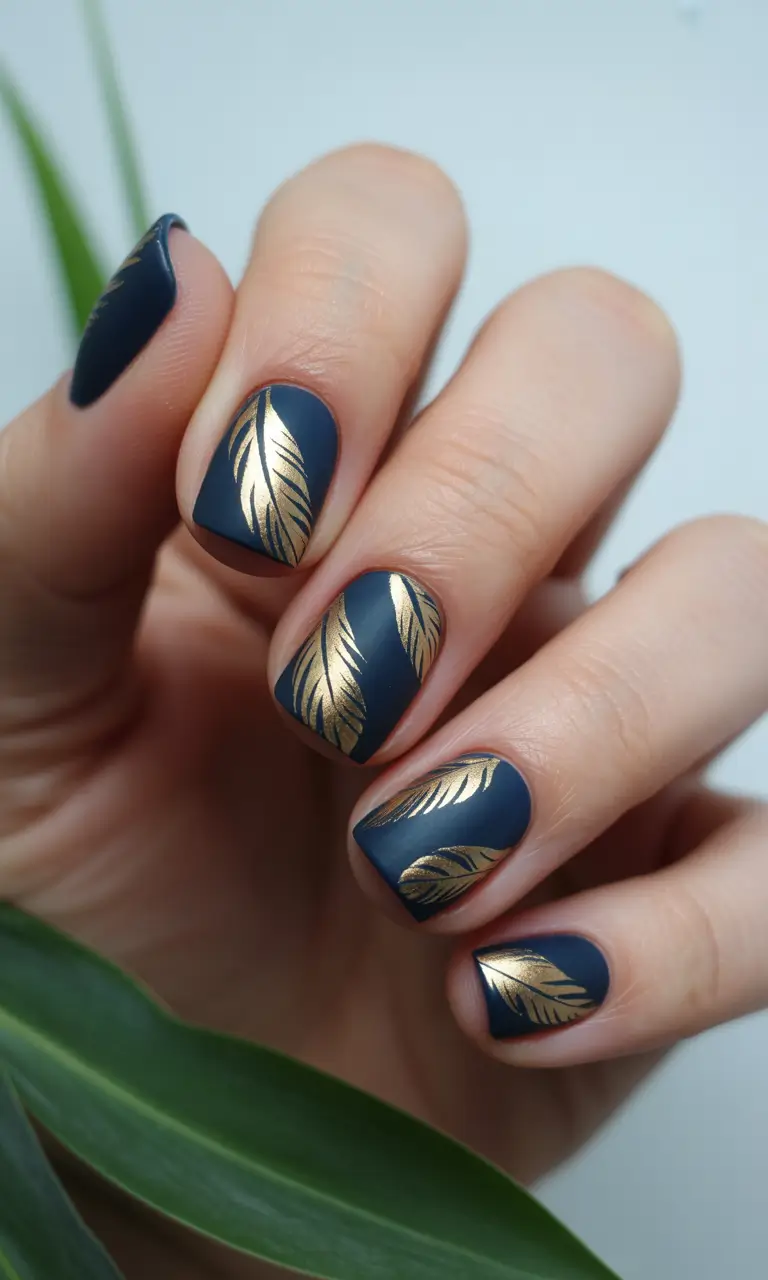 Matte navy nails with gold leaf designs, luxurious autumn look.