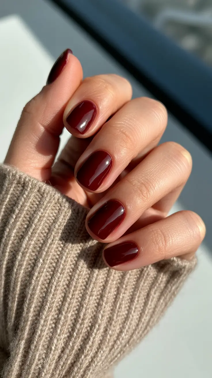 Rich mahogany nails, short square, cozy vibes
