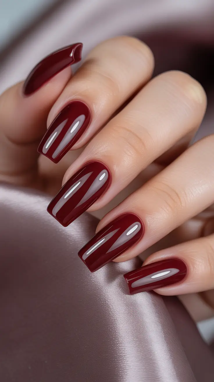 Deep merlot square nails, glossy finish, rich texture