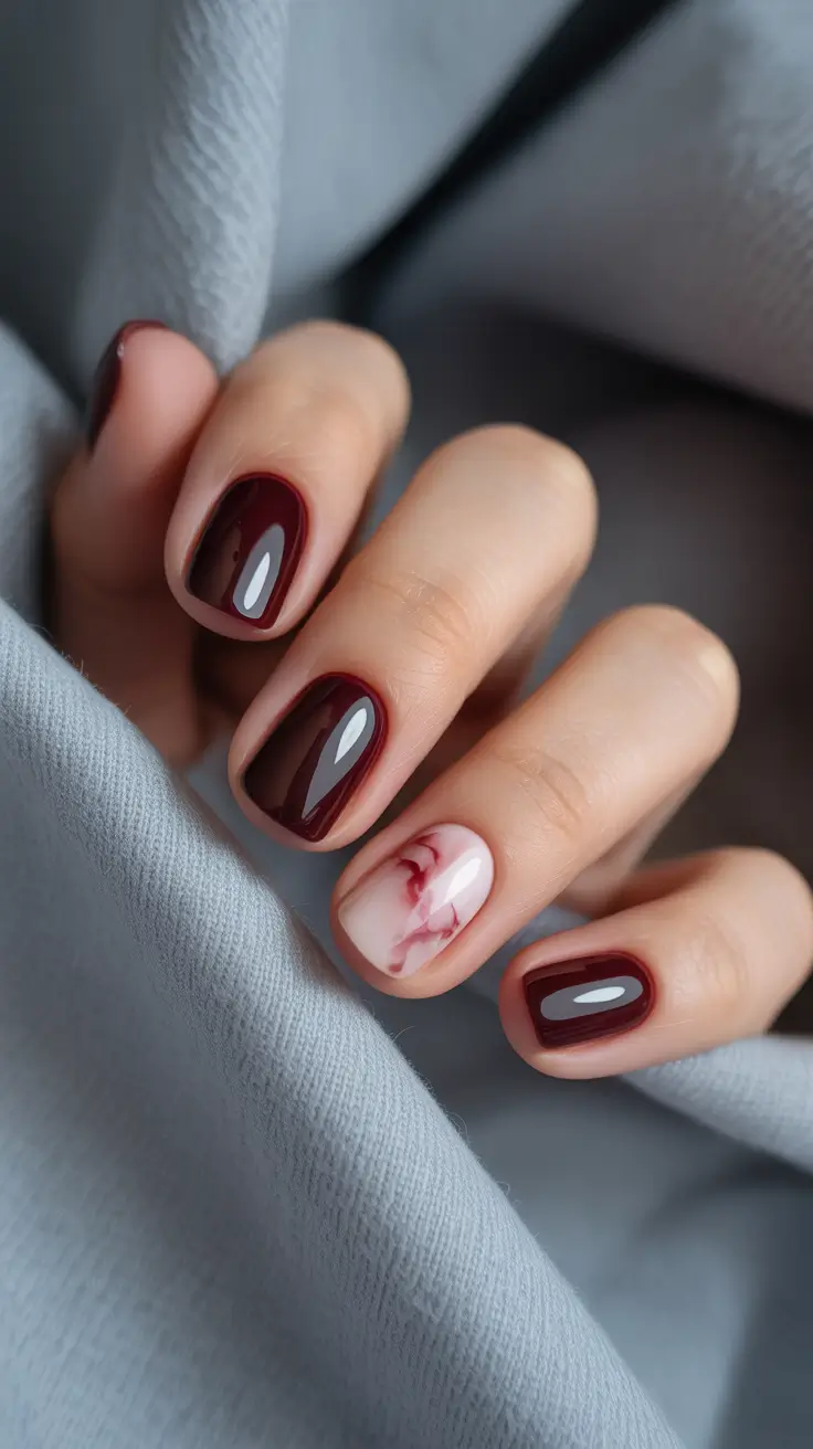 Dark red nails with artistic accent, short round, creative touch