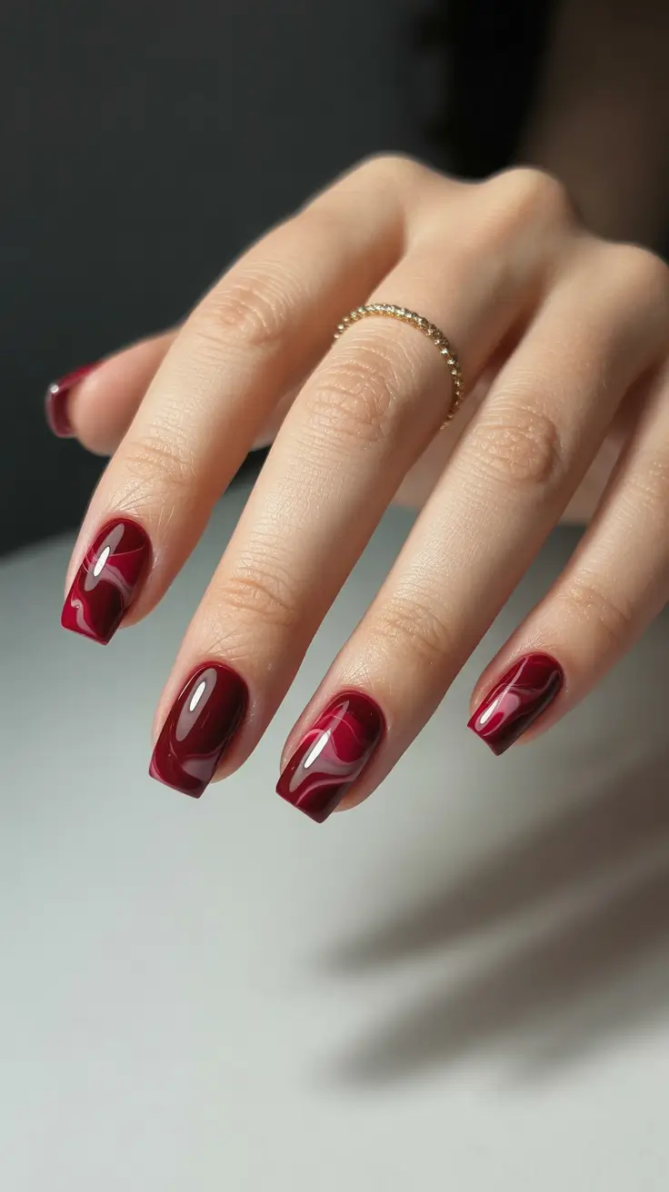 Deep cherry square nails, glossy, elegant look