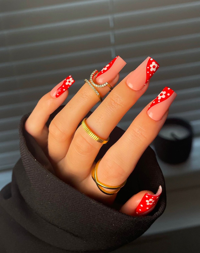 Red polka dot accent nails, medium square, playful design