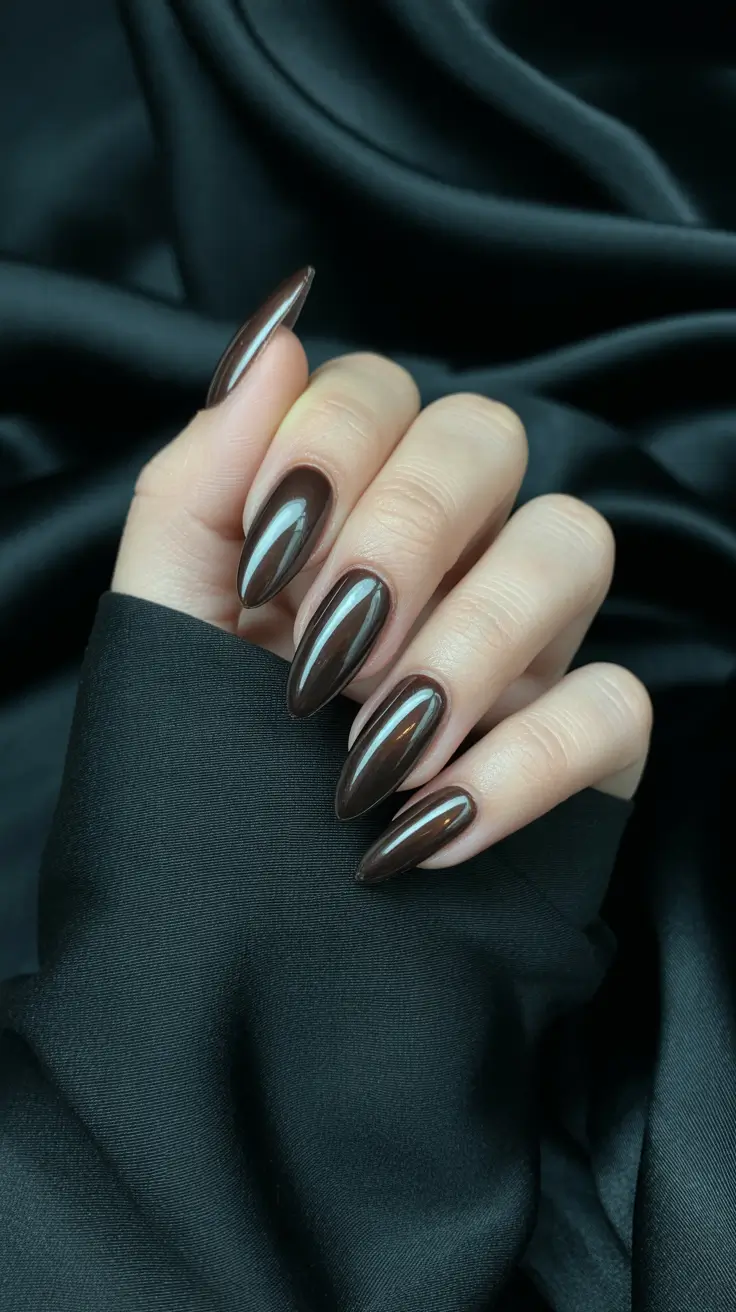 Rich chocolate almond nails, glossy, elegant finish