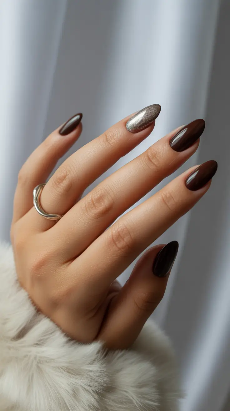 Metallic accent nails, almond shape, striking design