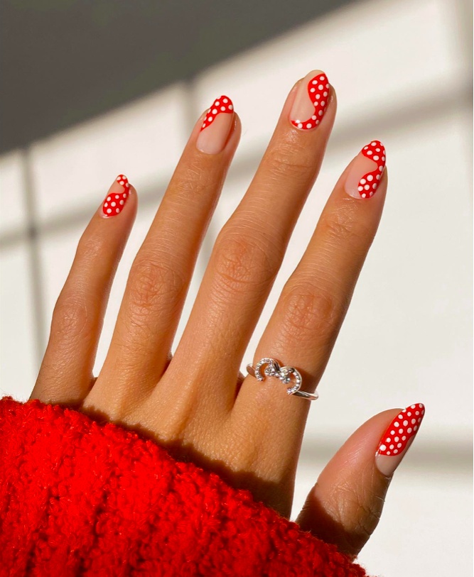 Red polka dot nails, short square, playful pattern