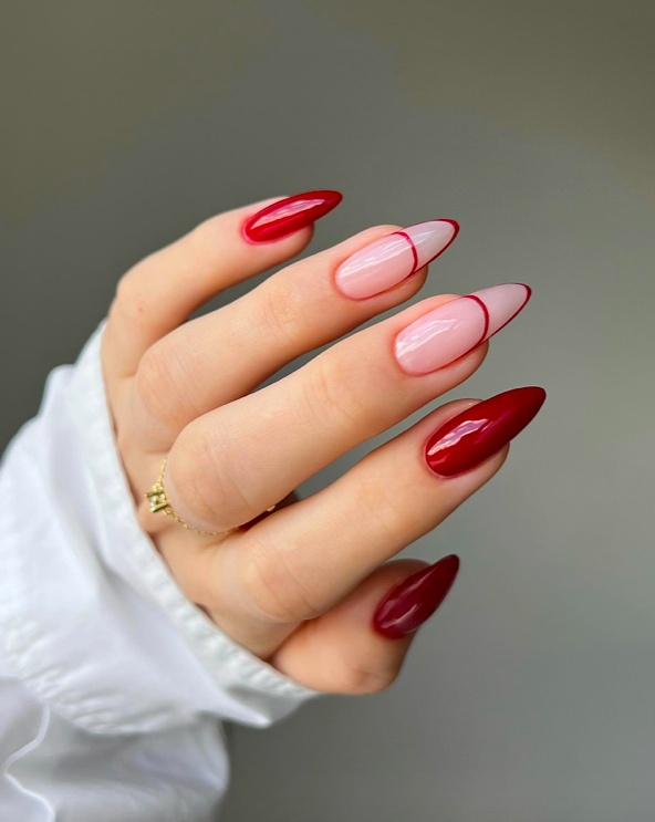 Dual tone red almond nails, elegant, glossy