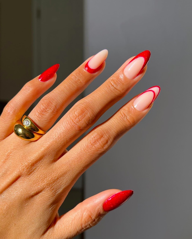 Modern red tip nails, almond shape, trendy design