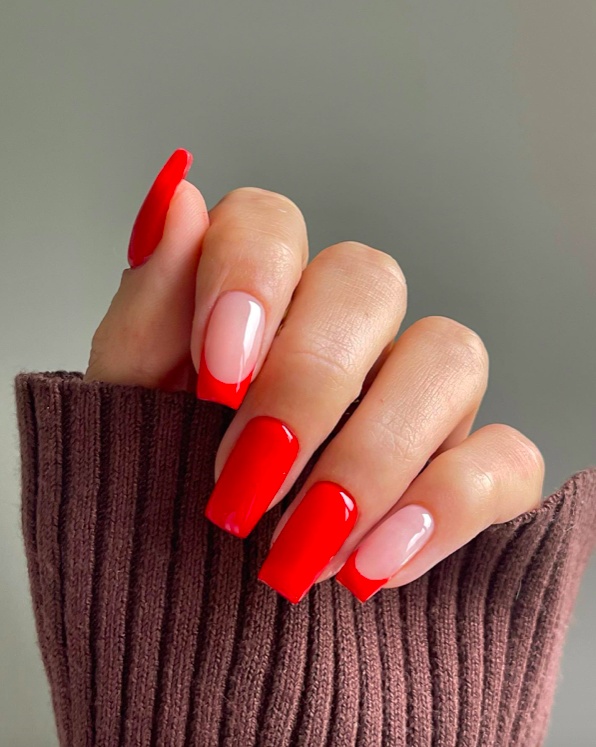 Classic red French coffin nails, glossy, elegant finish