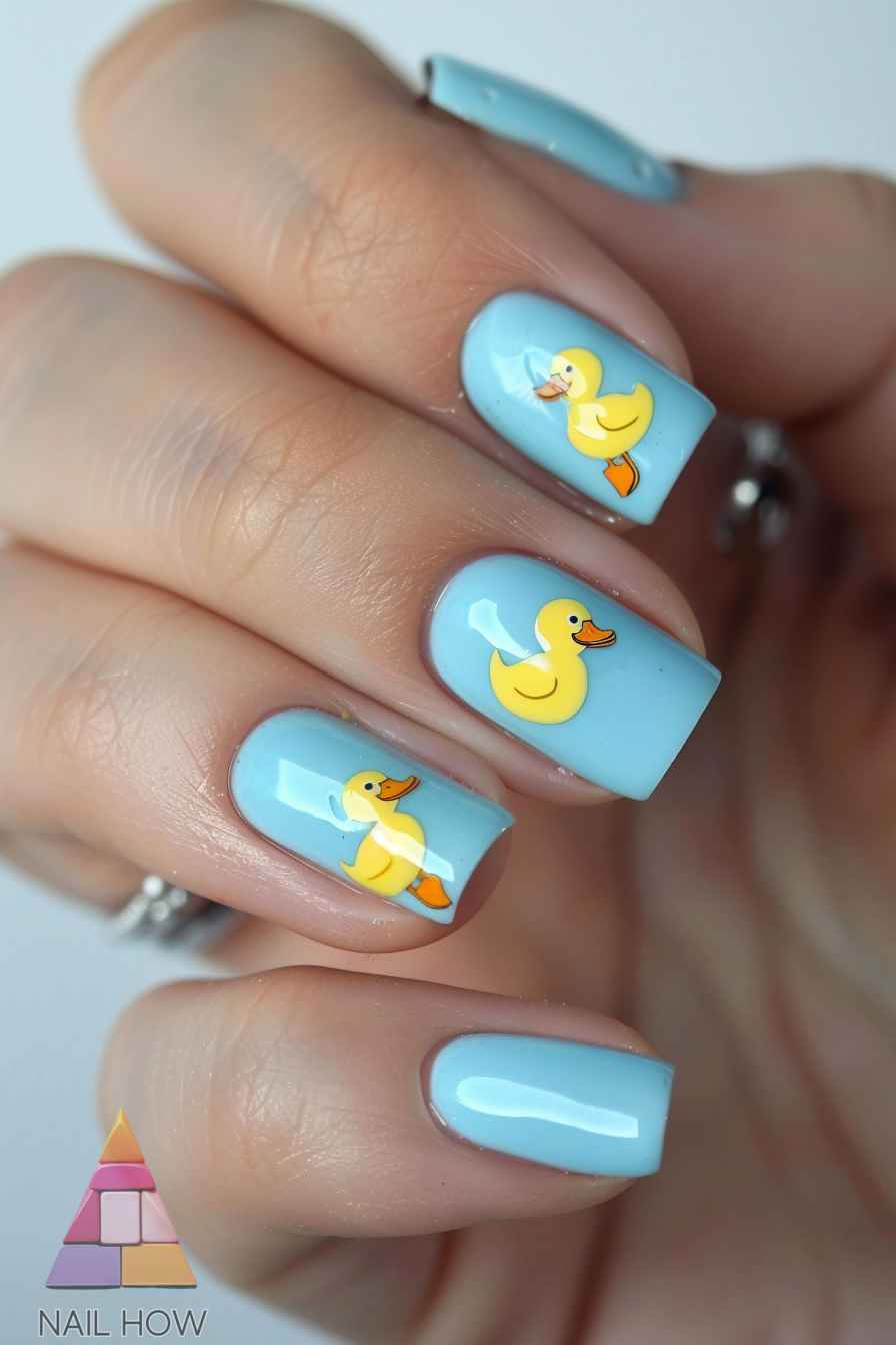Duck-themed nail art on soft blue base, Pinterest interest nail art