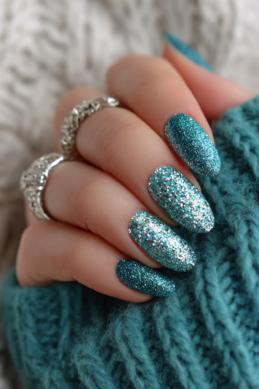 Teal glitter nails on oval shape, Pinterest interest glitter nails