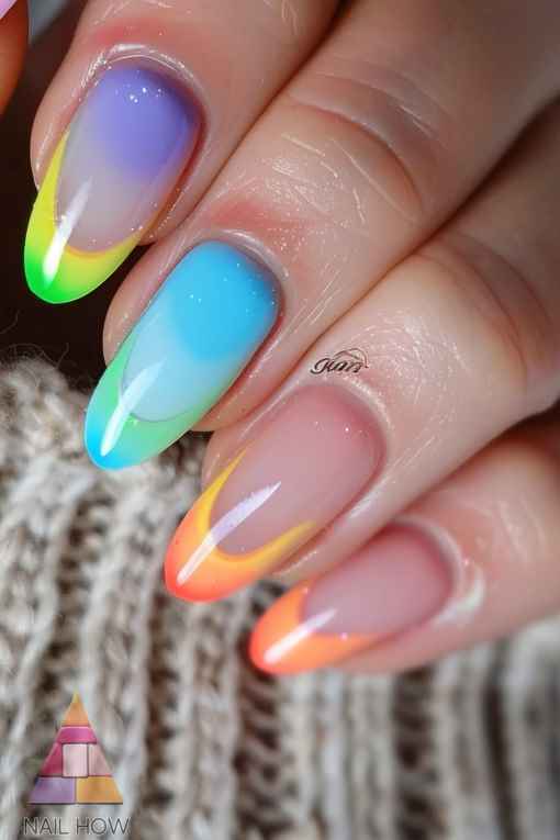 Rainbow gradient French tips, Pinterest interest colorful nails