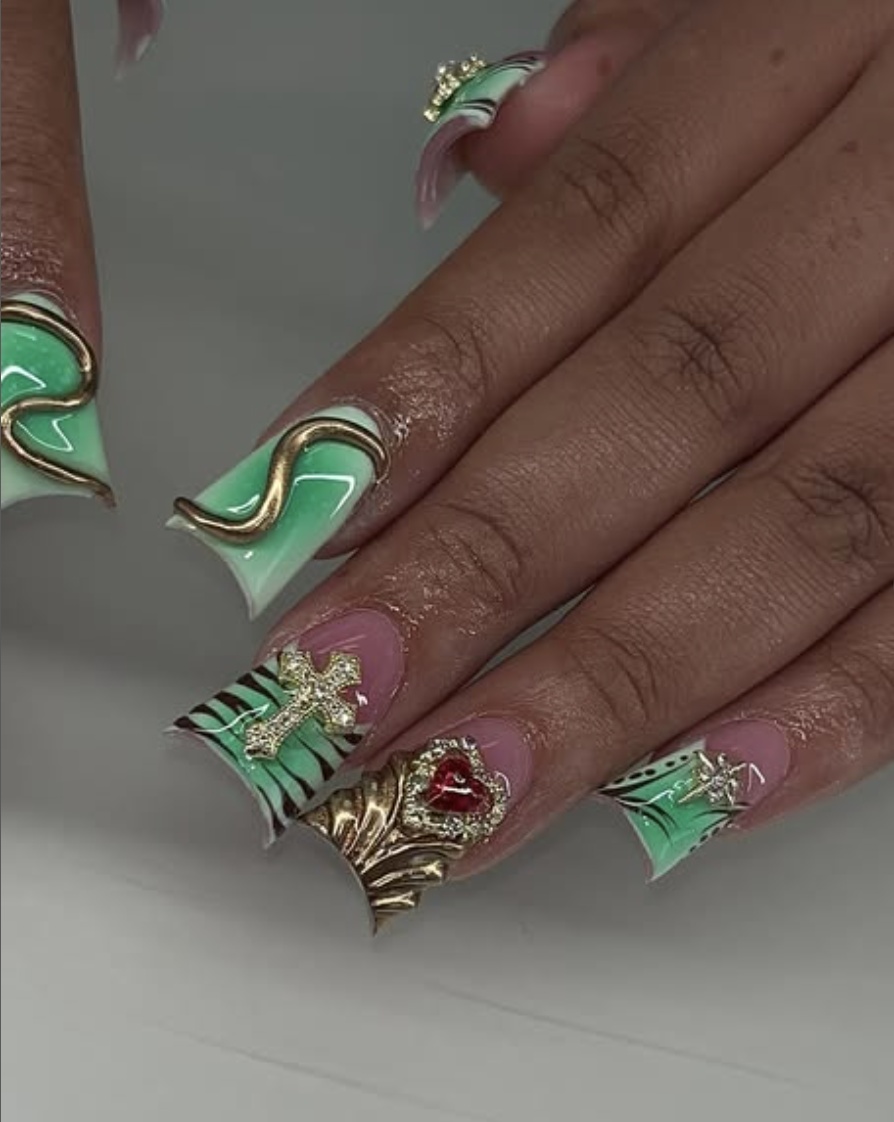 Green and gold duck nails with embellishments, Pinterest interest luxury nails