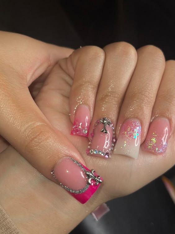 Embellished pink and nude duck nails, Pinterest interest elegant nails