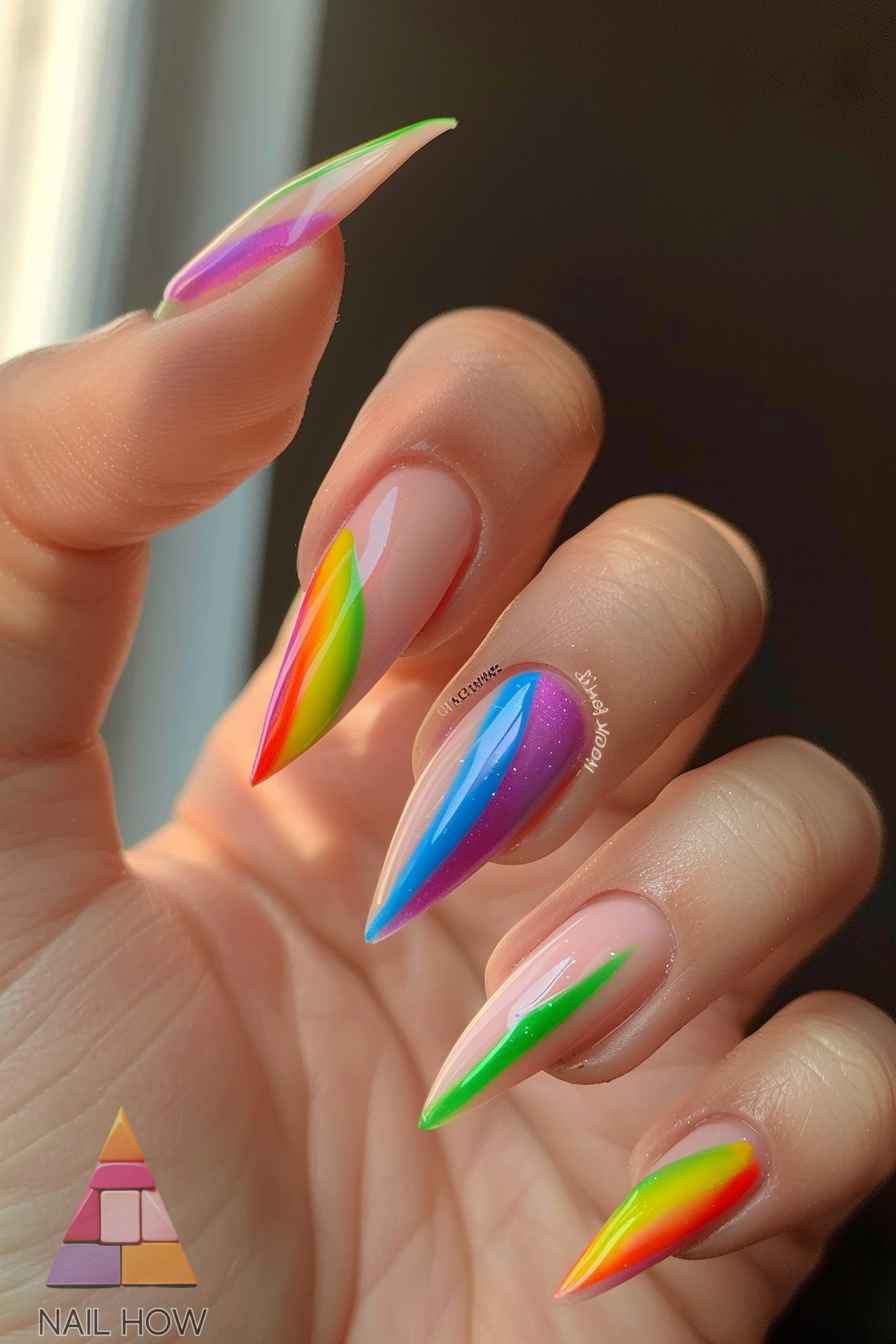 Rainbow ombre stiletto nails, vibrant flair
