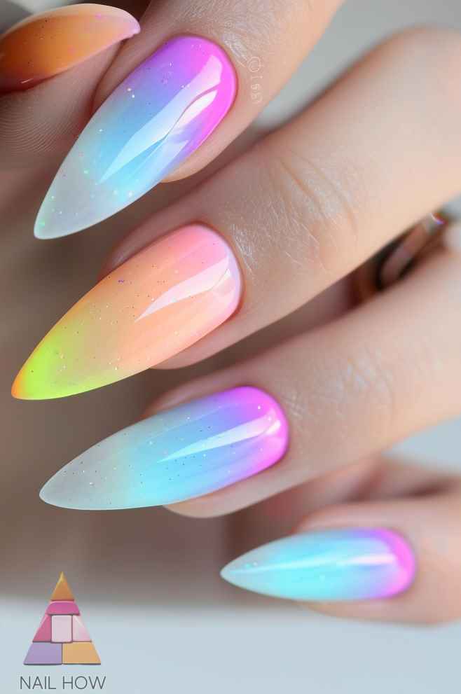 Pastel rainbow ombre stiletto nails, dreamy aesthetic