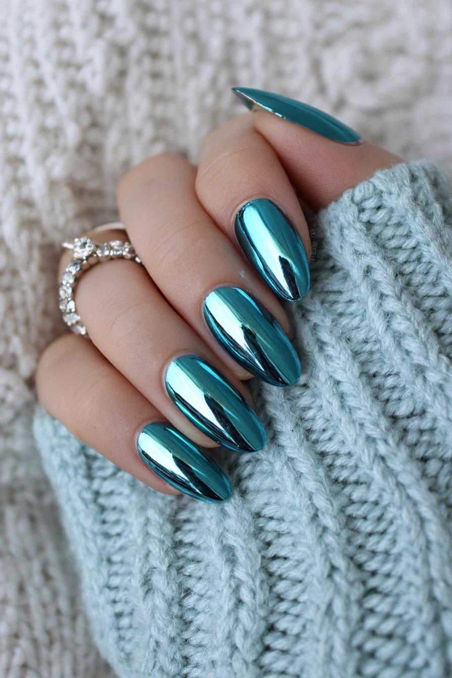 Reflective teal chrome almond nails