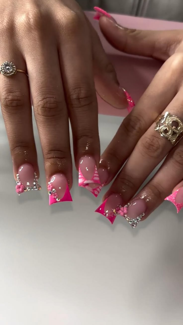 Pink and glitter embellished square nails