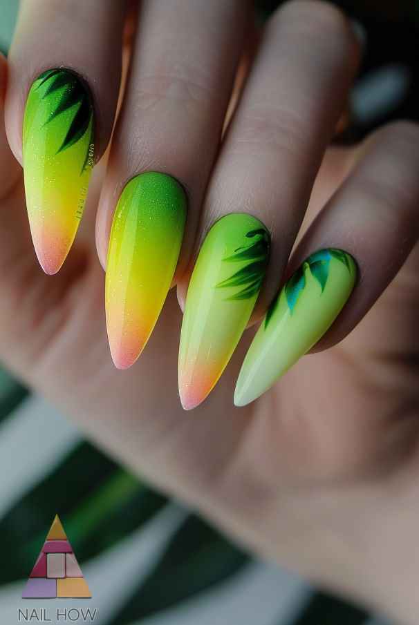 Sunset ombre stiletto nails with palm design