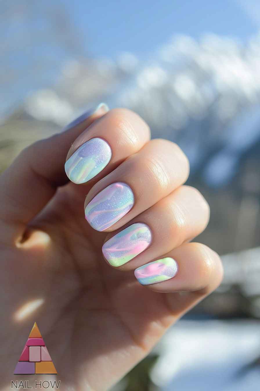 Iridescent pastel swirl short nails