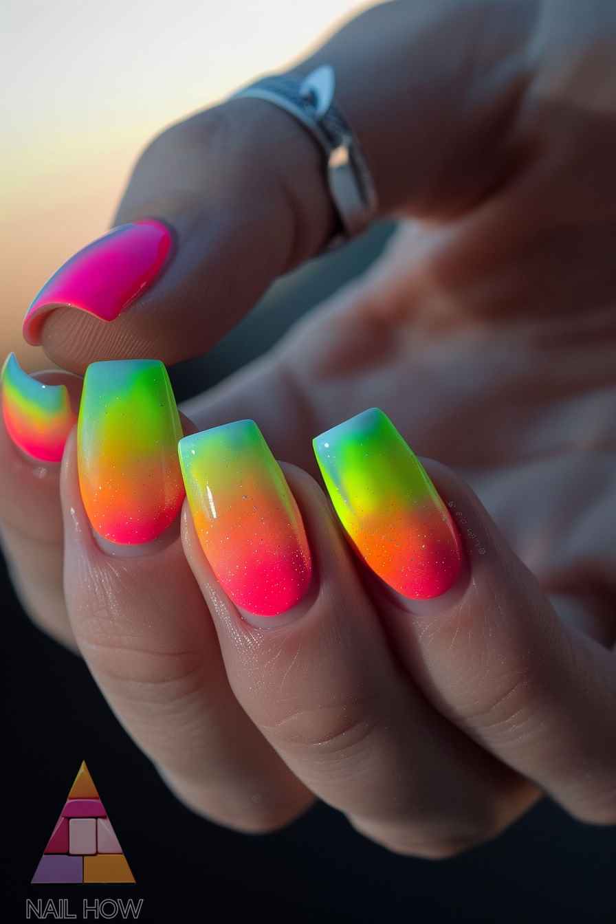 Neon ombre square nails with vibrant colors