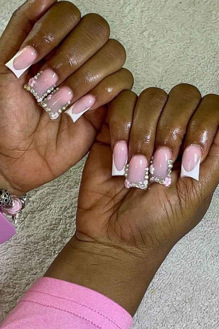Embellished French square nails with gems