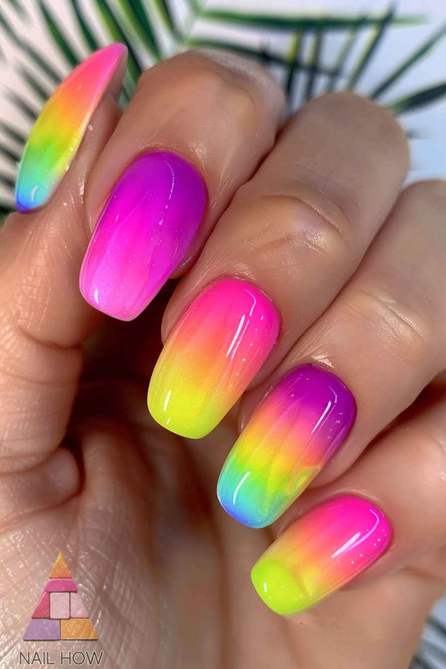 Neon rainbow gradient nails with gloss finish