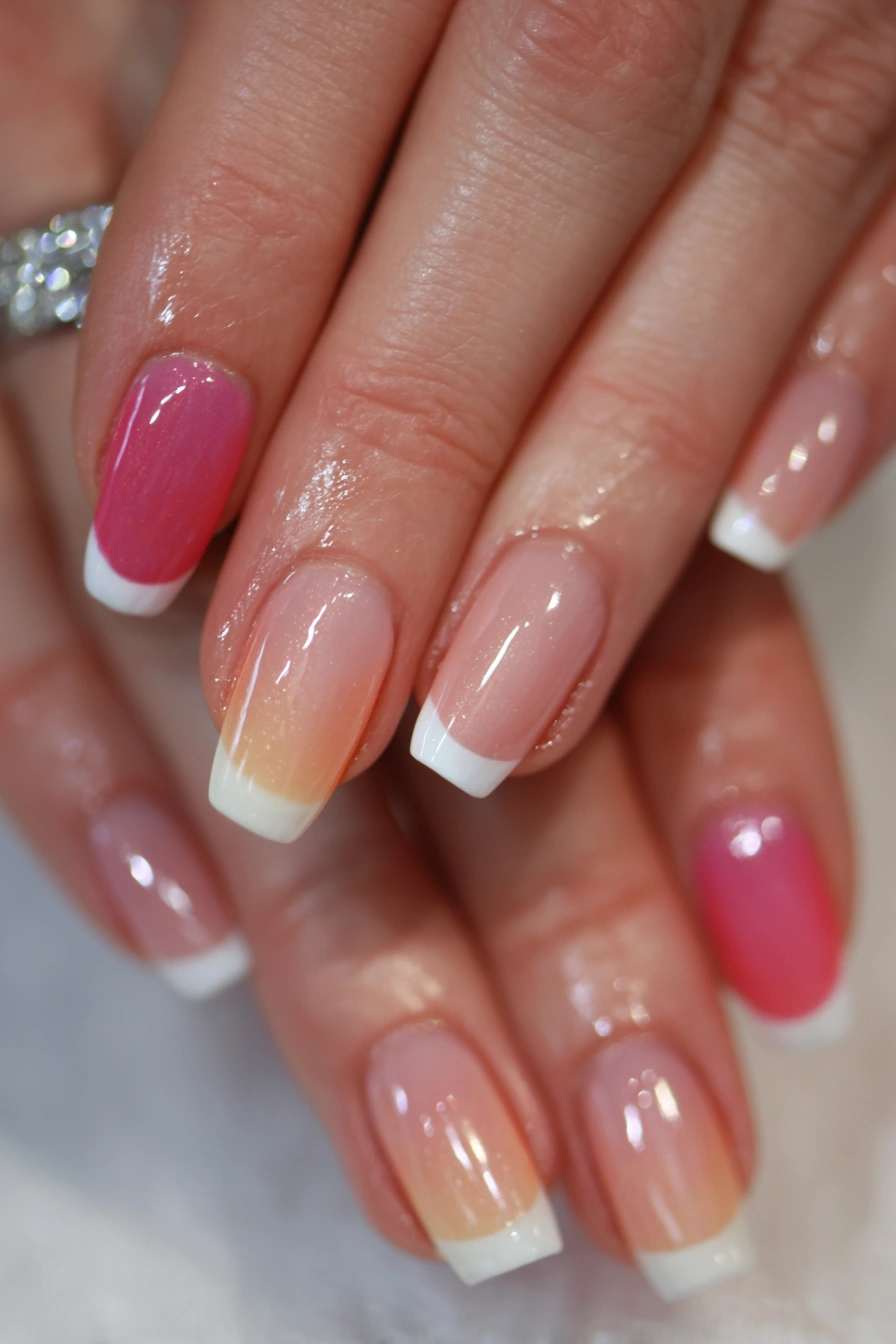 French ombré square nails with pink accents