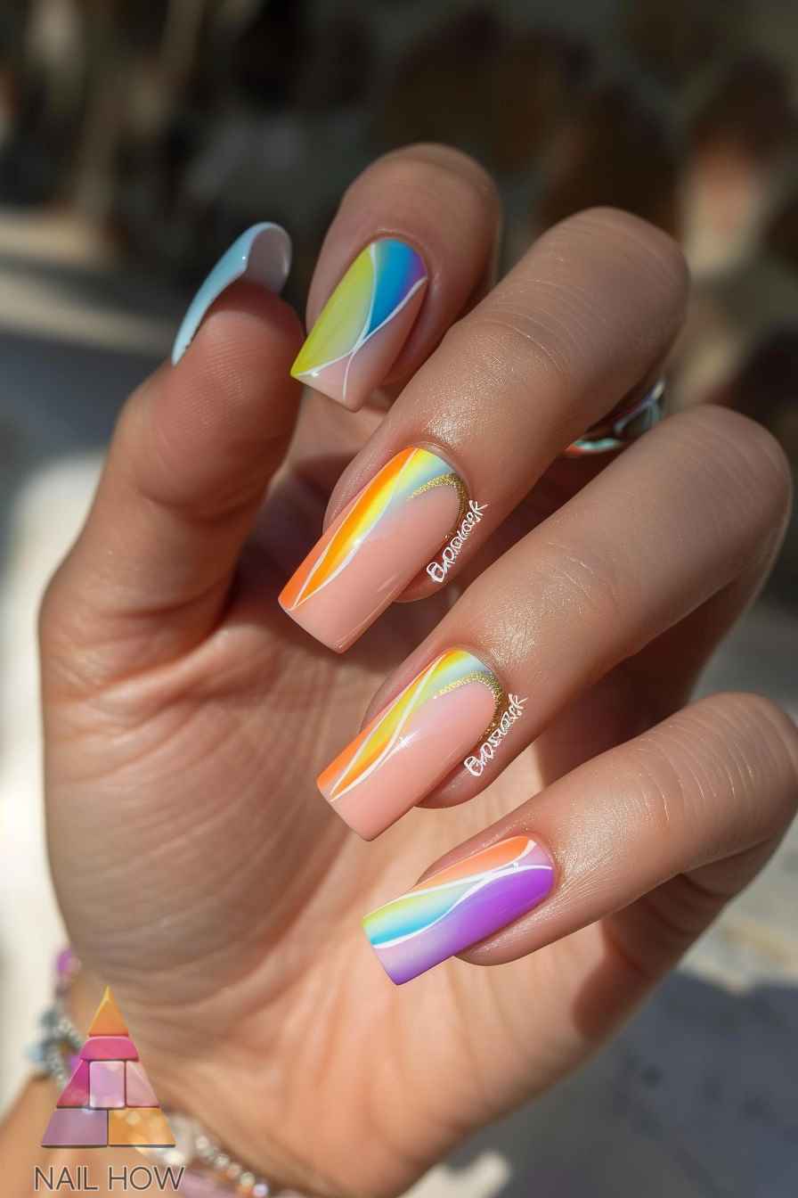 Colorful stripe square nails with pastel hues