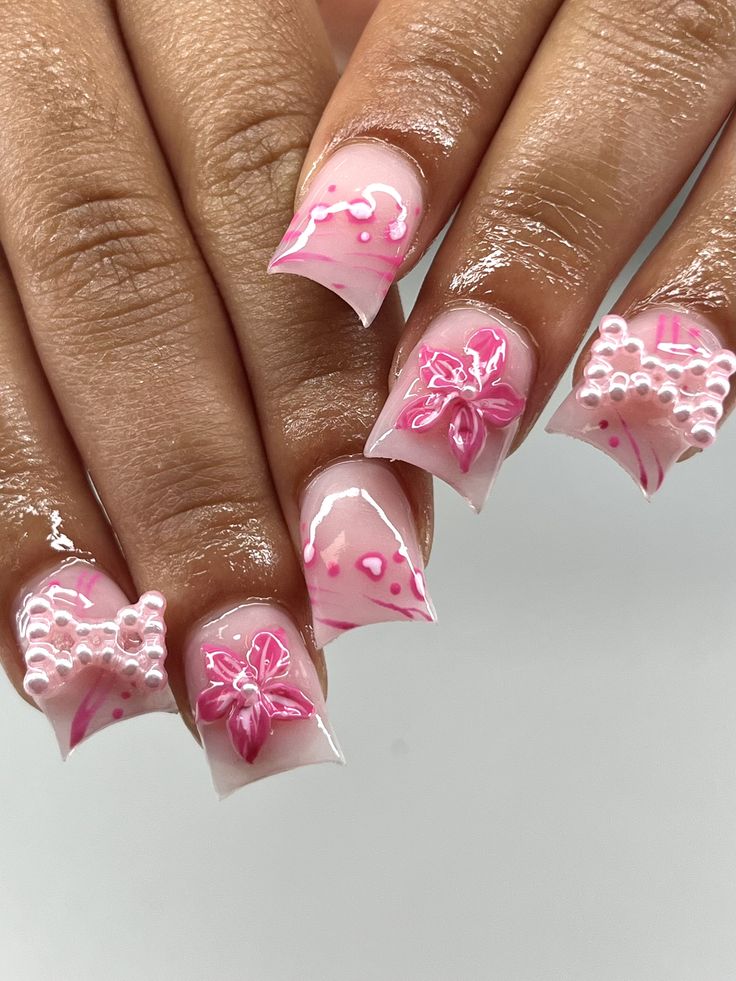 Pink floral embellished duck nails