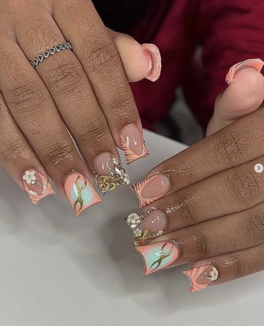 Peach blossom square nails with embellishments