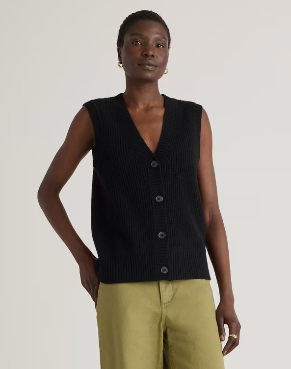 Black ribbed knit vest with buttons