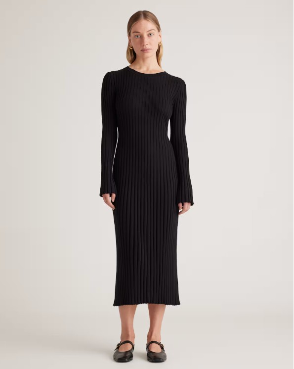 Black ribbed knit midi dress with long sleeves